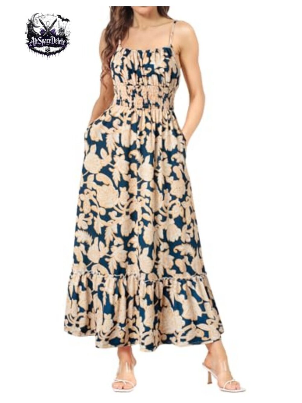 Boho Maxi Sundress Smocked Waist Spaghetti Strap A-Line Dress with Pockets